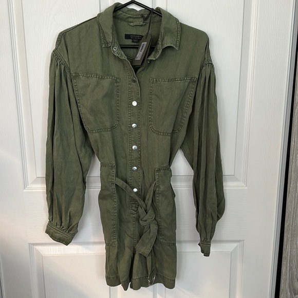 AllSaints jess long sleeve utility playsuit in khaki green - Picture 5 of 7